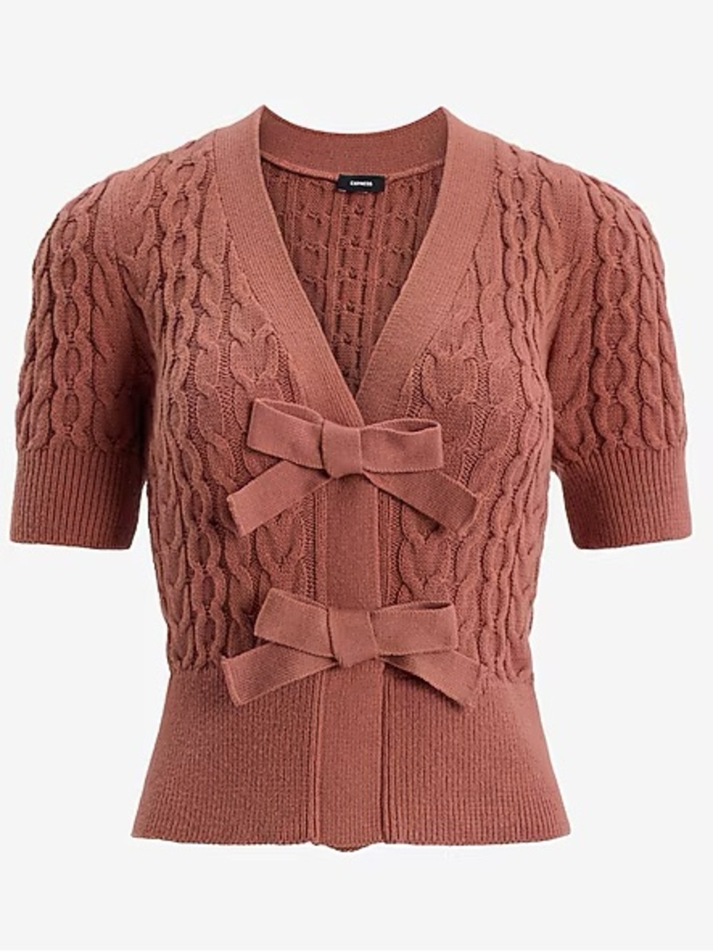 Women’s Express Cable Knit Double Bow Short Sleeve Cardigan Sz XS Runs Big BNWT